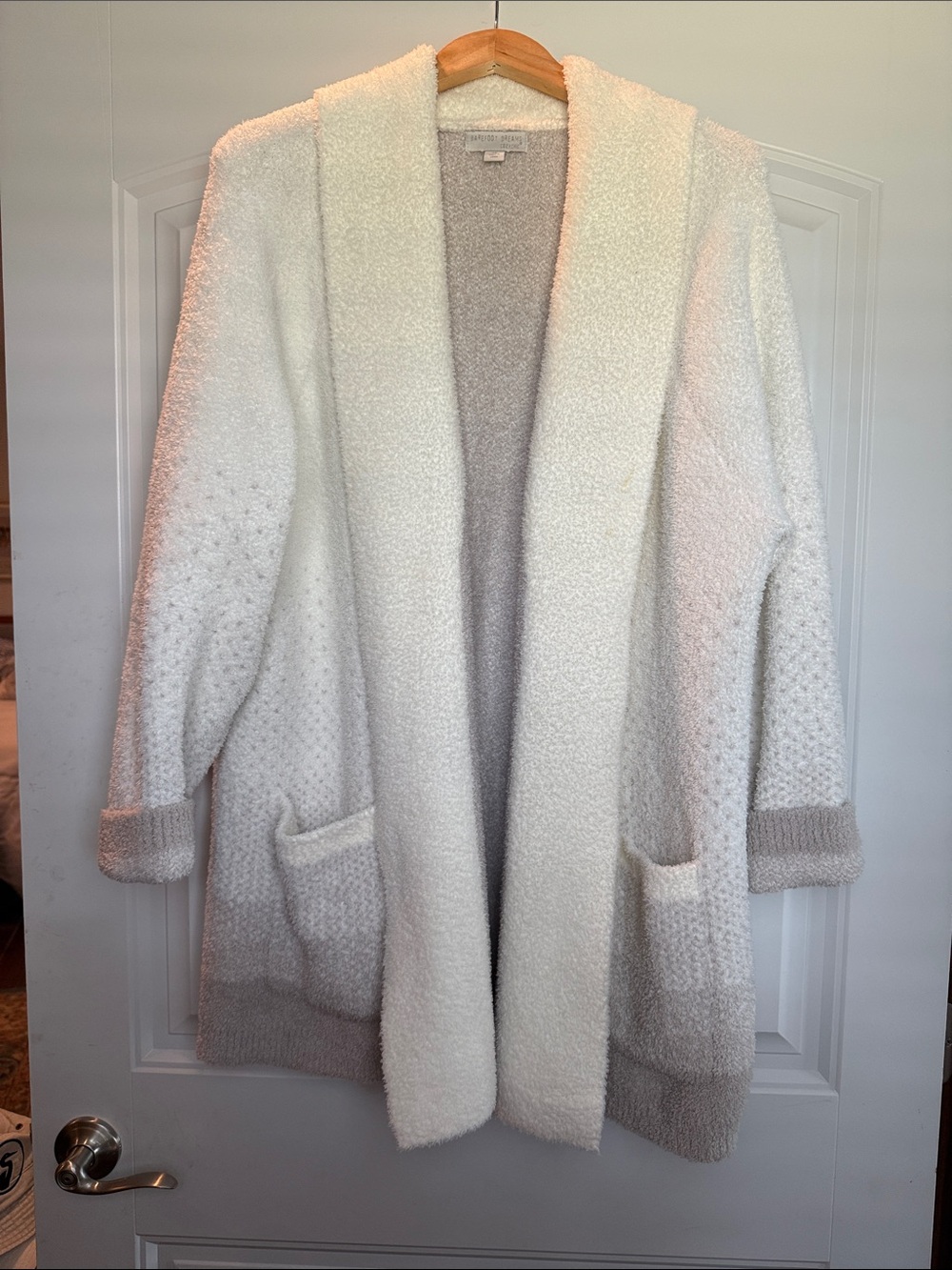 Barefoot Dreams Ivory Open-Front Bouclé Cardigan with Taupe Trim